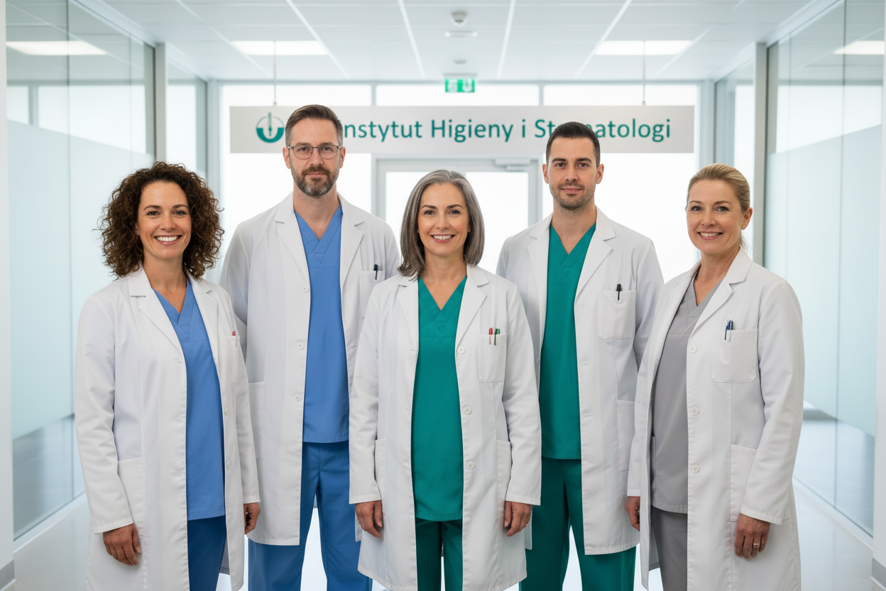 Edytuj to zdjęcie aby zęby kobiety po lewej stronie nie były aż tak białe, aby mieli mniej idealne twarzę. Oraz aby w tle był napis instytut higieny i stomatologii 